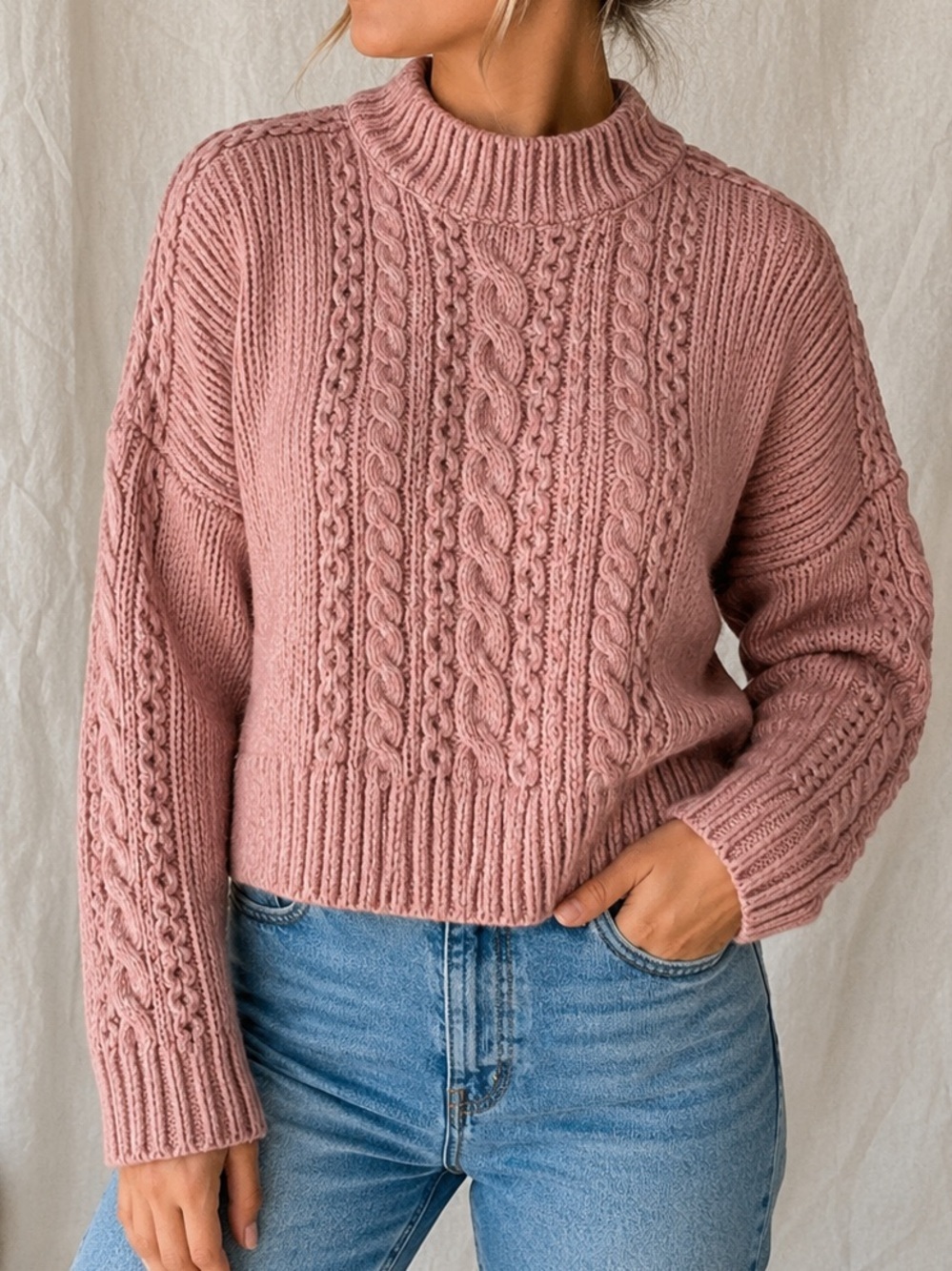Rachel Zoe Chunky Knit Mock Neck Sweater Medium Light Pink Cropped